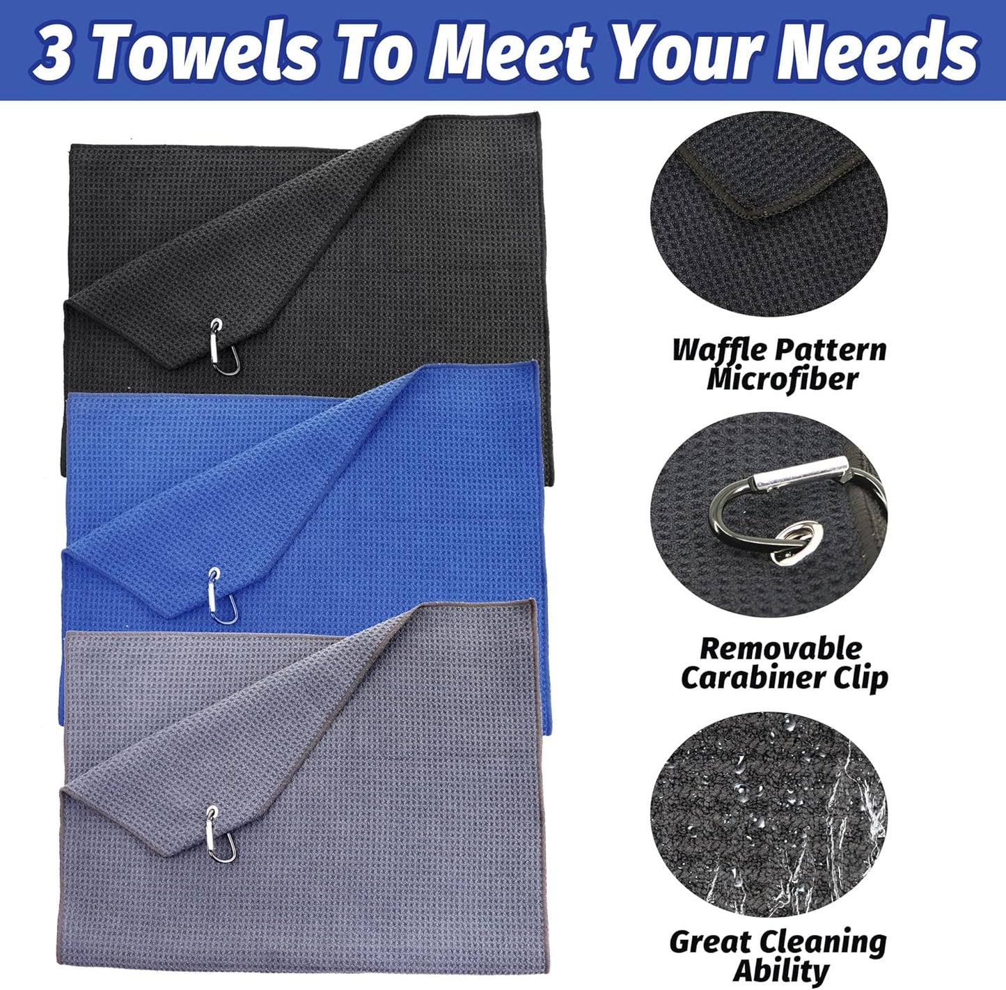 Golf Towel Set Golf Club Cleaning Kit - 3 Microfiber Waffle Pattern Golf Towels & Golf Club Brush Groove Cleaner & Divot Repair Tool Golf Towels for Golf Bags - Golf Accessories for Men & Women