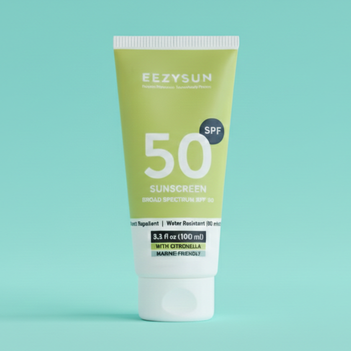 Tube of EzySun sunscreen with SPF 50 on a light blue background