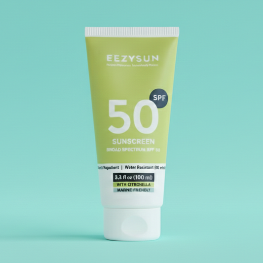 Tube of EzySun sunscreen with SPF 50 on a light blue background