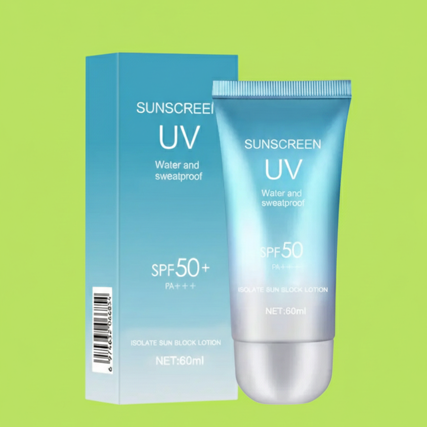 Sunscreen UV bottle and packaging on a green background